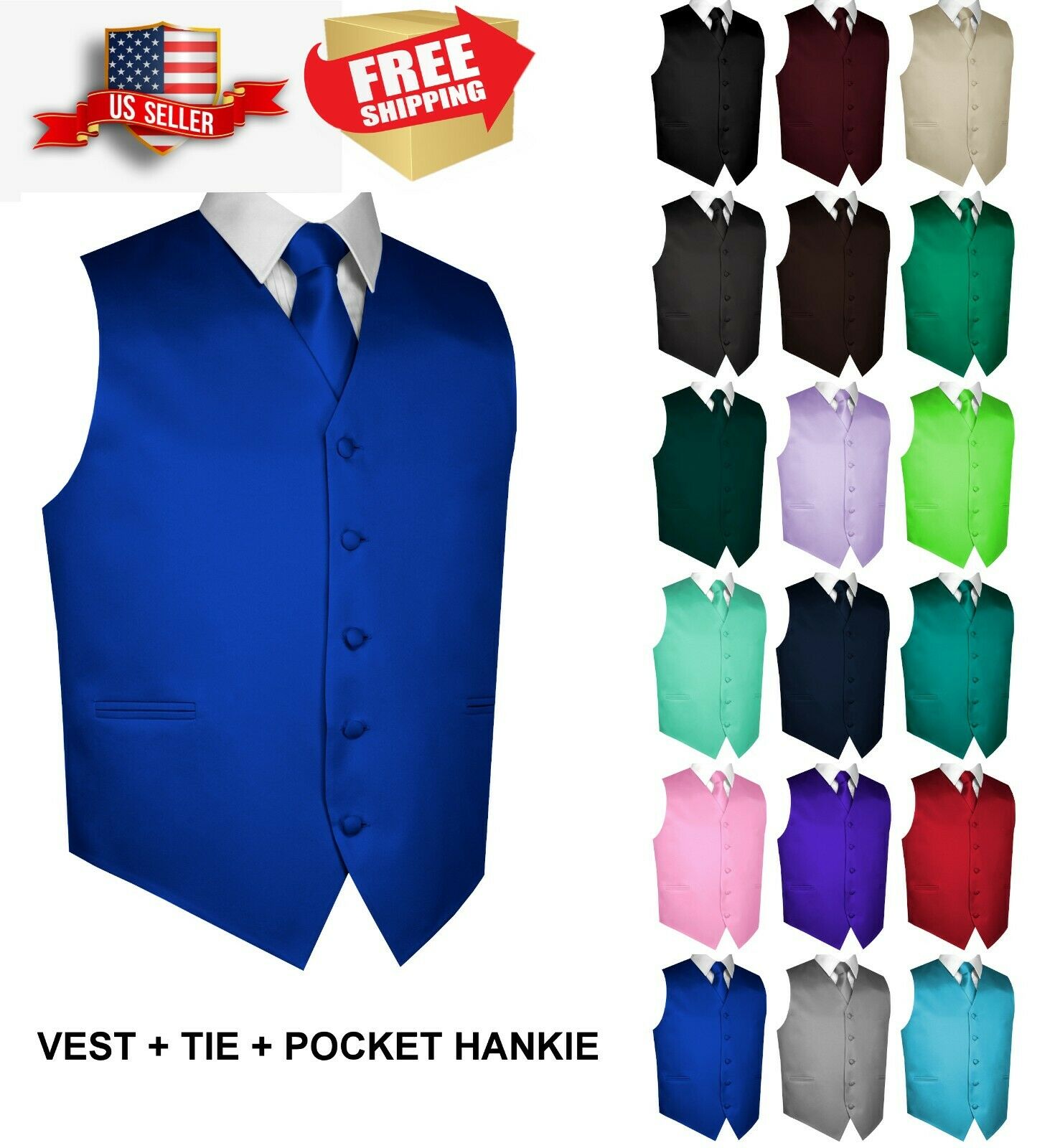 Men's Solid Satin Tuxedo Vest, Tie And Hankie. Formal, Dress, Wedding, Prom